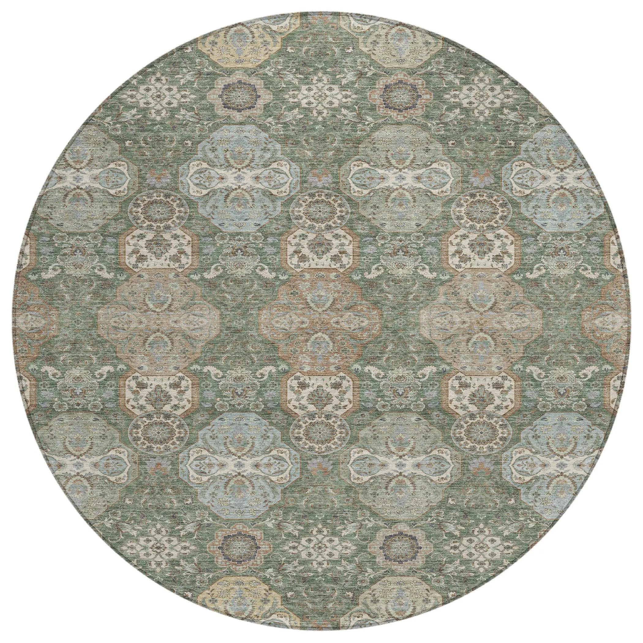 8' Green And Silver Round Floral Washable Indoor Outdoor Area Rug Homeroots Outdoor