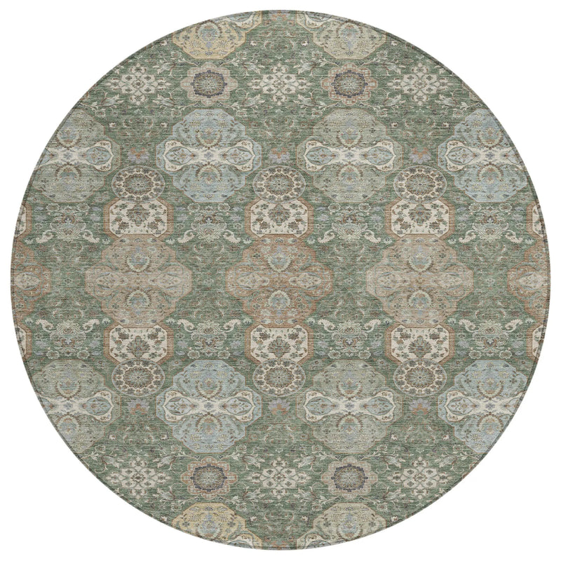 8' Green And Silver Round Floral Washable Indoor Outdoor Area Rug Homeroots Outdoor