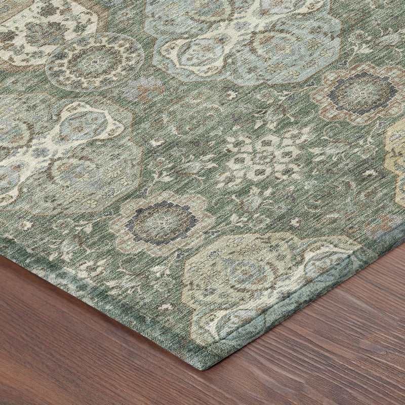 8' Green And Silver Round Floral Washable Indoor Outdoor Area Rug Homeroots Outdoor