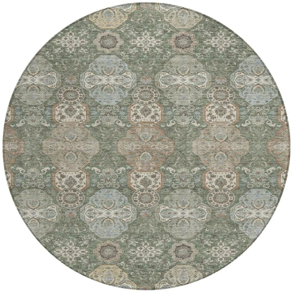 8' Green And Silver Round Floral Washable Indoor Outdoor Area Rug Homeroots Outdoor