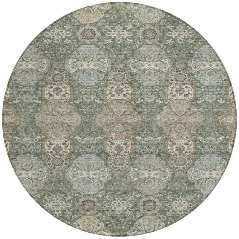 8' Green And Silver Round Floral Washable Indoor Outdoor Area Rug Homeroots Outdoor