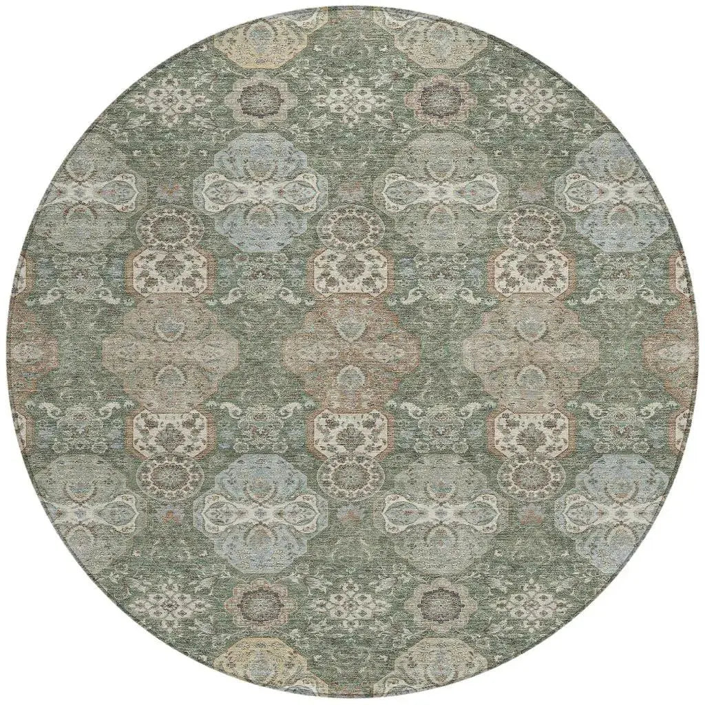 8' Green And Silver Round Floral Washable Indoor Outdoor Area Rug Homeroots Outdoor