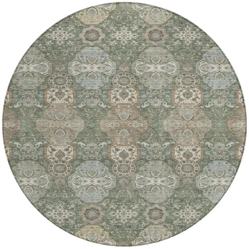 8' Green And Silver Round Floral Washable Indoor Outdoor Area Rug Homeroots Outdoor
