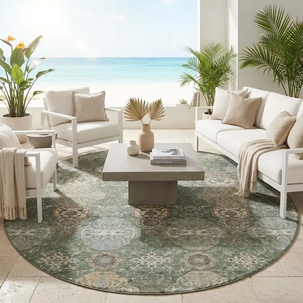 8' Green And Silver Round Floral Washable Indoor Outdoor Area Rug Homeroots Outdoor