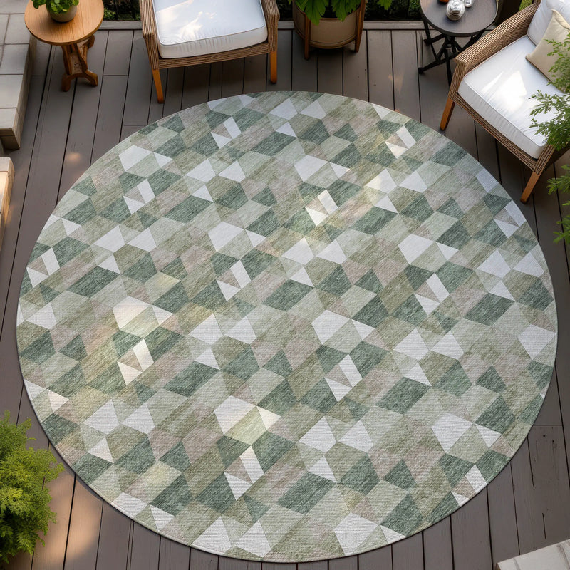 8' Green And Silver Round Geometric Washable Indoor Outdoor Area Rug Homeroots Outdoor
