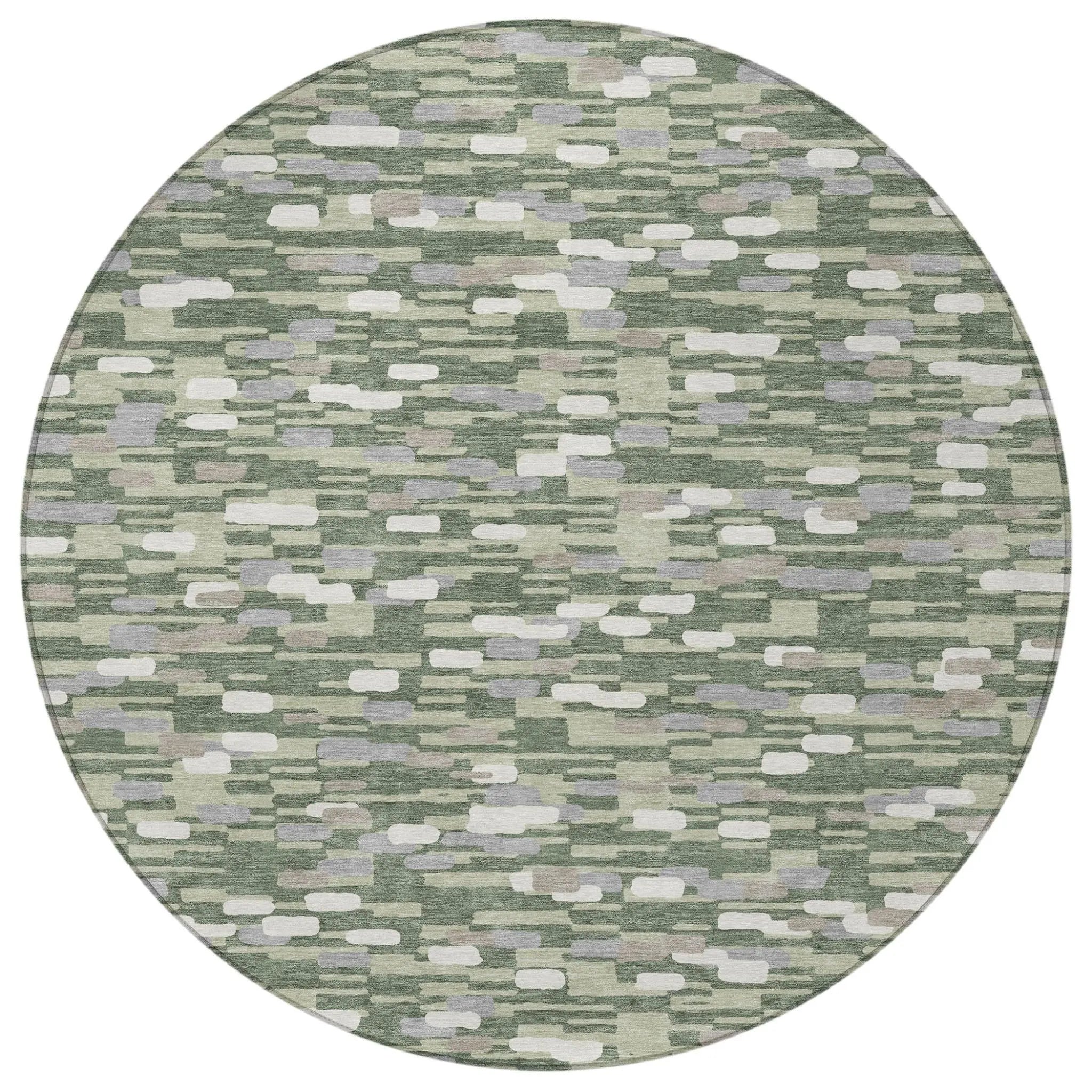 8' Green And Silver Round Geometric Washable Indoor Outdoor Area Rug Homeroots Outdoor