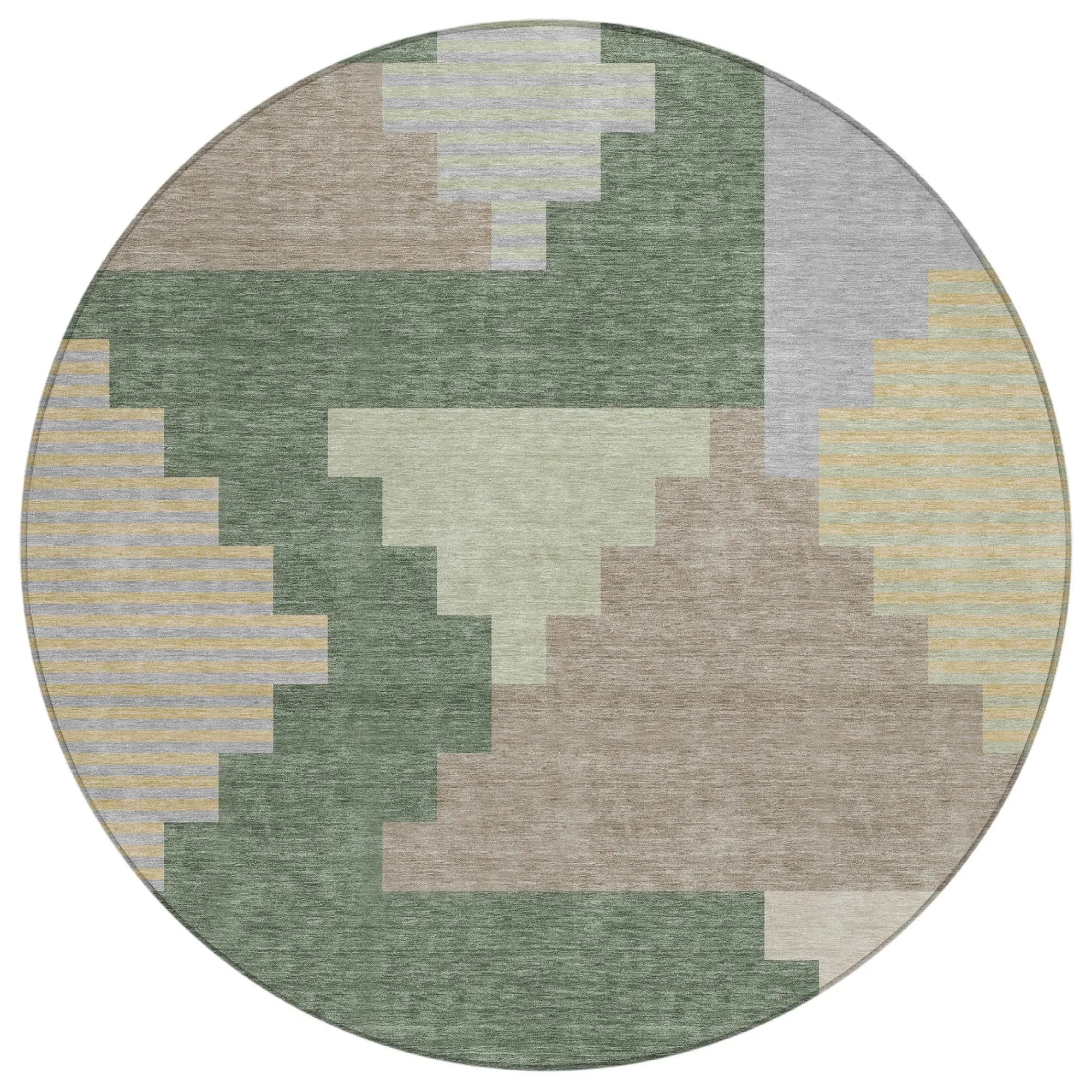 8' Green And Silver Round Geometric Washable Indoor Outdoor Area Rug Homeroots Outdoor