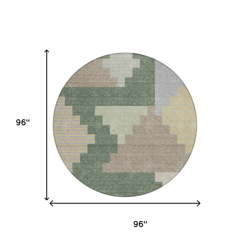 8' Green And Silver Round Geometric Washable Indoor Outdoor Area Rug Homeroots Outdoor