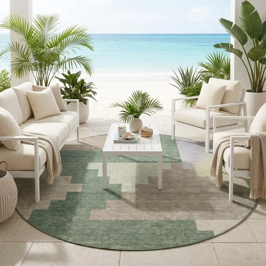 8' Green And Silver Round Geometric Washable Indoor Outdoor Area Rug Homeroots Outdoor