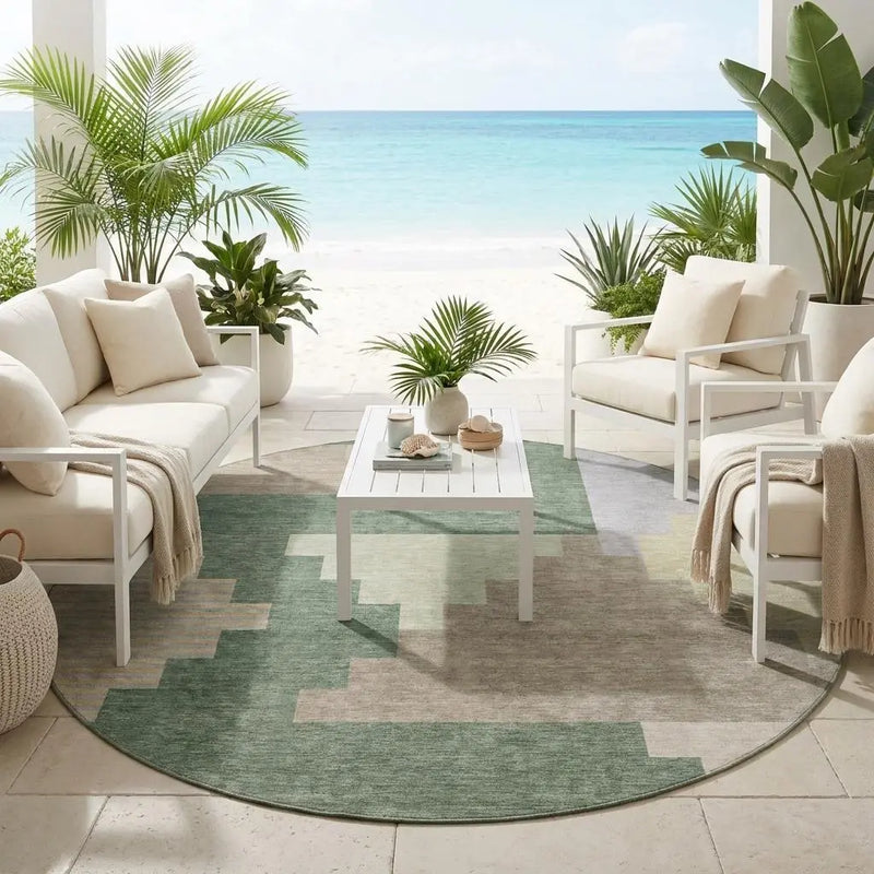 8' Green And Silver Round Geometric Washable Indoor Outdoor Area Rug Homeroots Outdoor