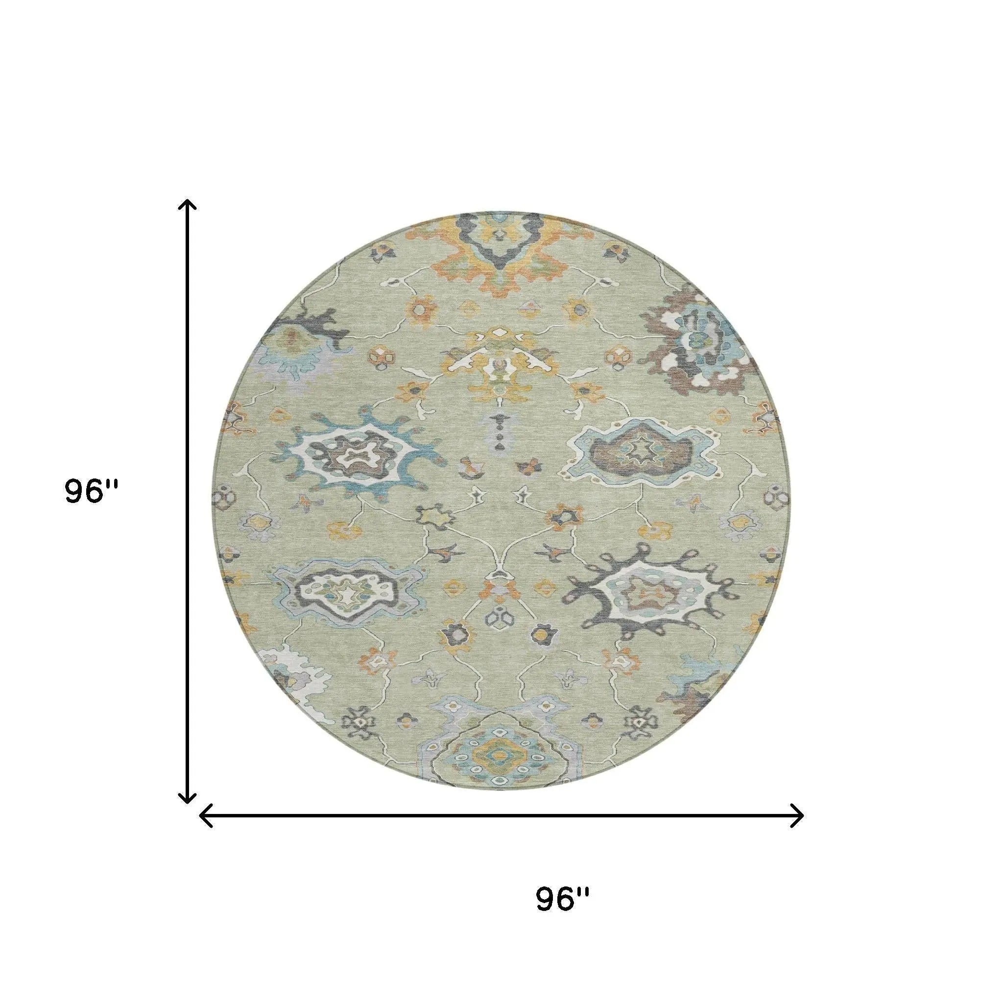 8' Green And Silver Round Oriental Washable Indoor Outdoor Area Rug Homeroots Outdoor