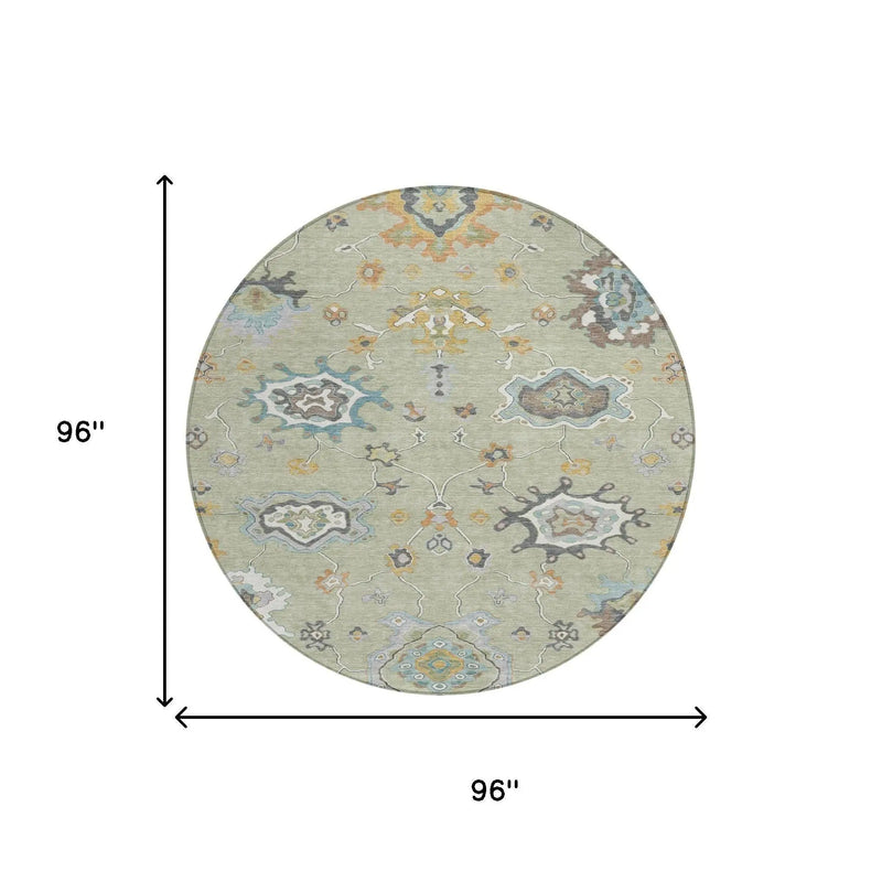 8' Green And Silver Round Oriental Washable Indoor Outdoor Area Rug Homeroots Outdoor