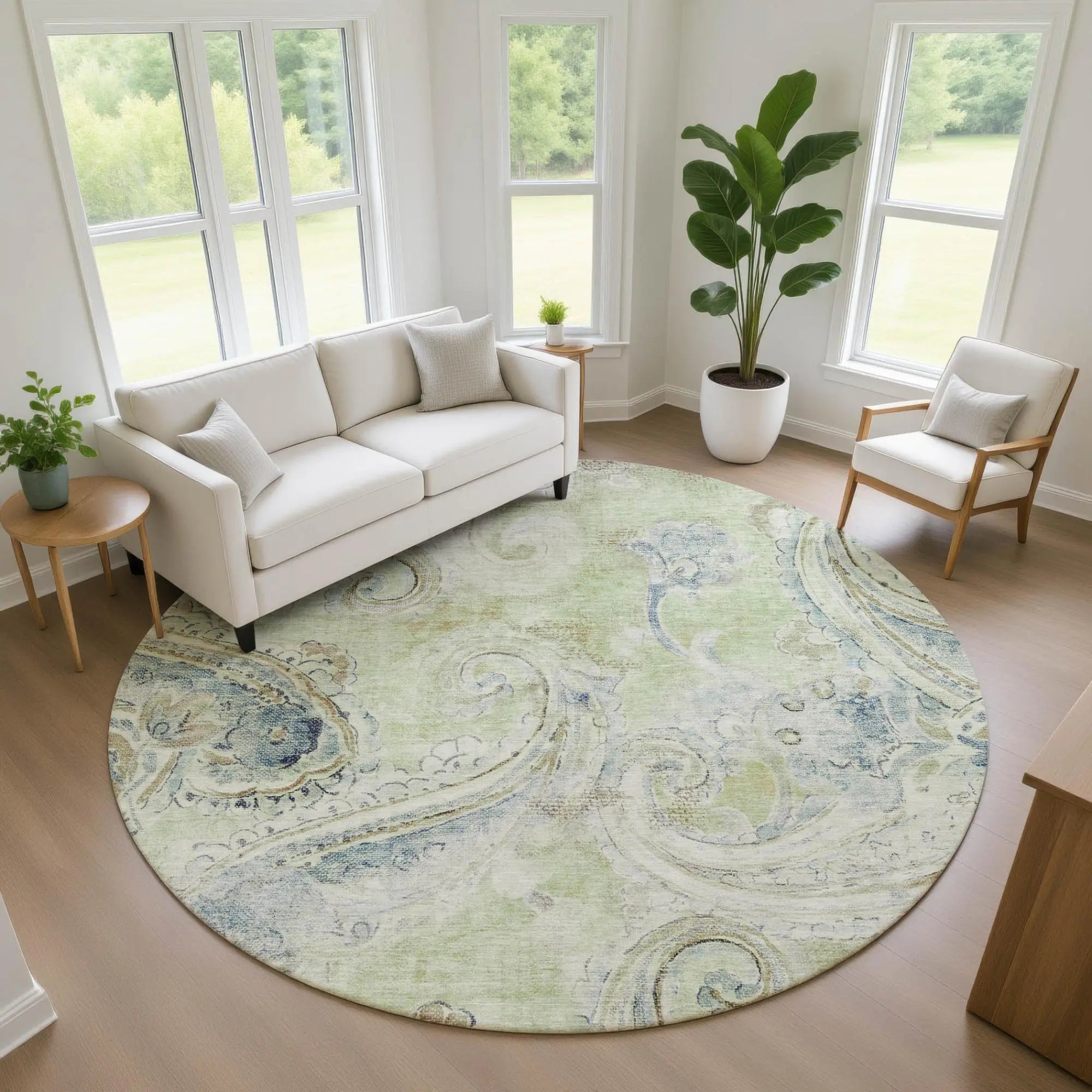 8' Green And Silver Round Paisley Washable Indoor Outdoor Area Rug Homeroots Outdoor