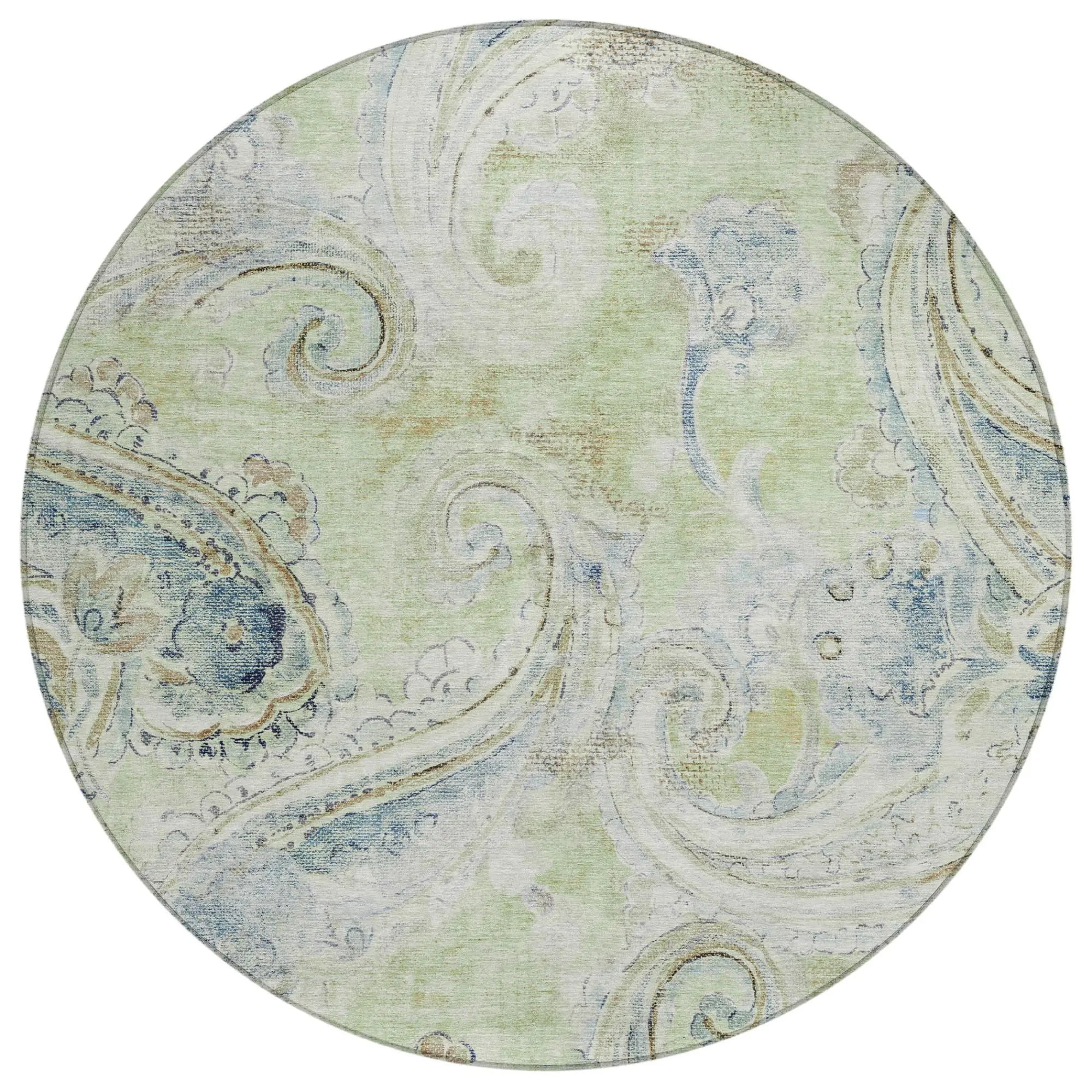 8' Green And Silver Round Paisley Washable Indoor Outdoor Area Rug Homeroots Outdoor