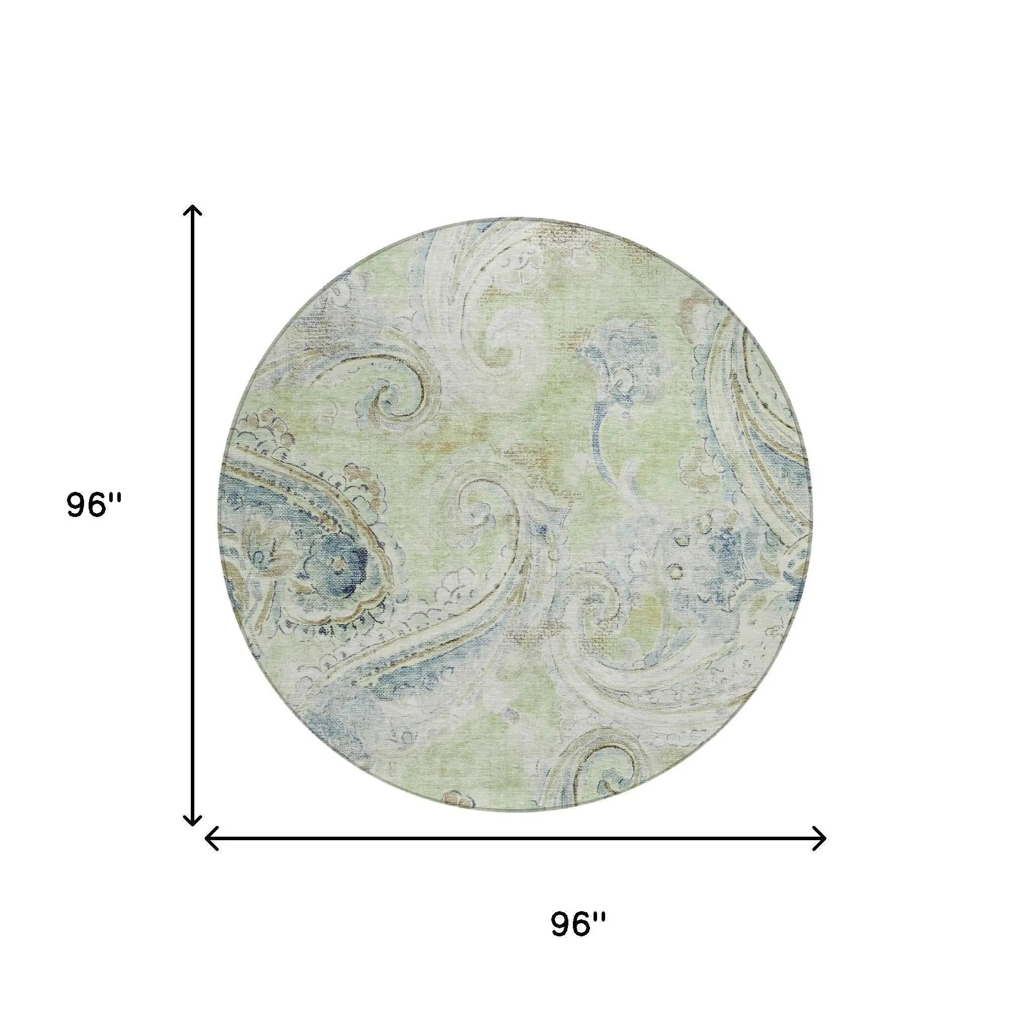 8' Green And Silver Round Paisley Washable Indoor Outdoor Area Rug Homeroots Outdoor