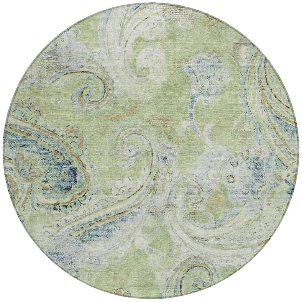 8' Green And Silver Round Paisley Washable Indoor Outdoor Area Rug Homeroots Outdoor