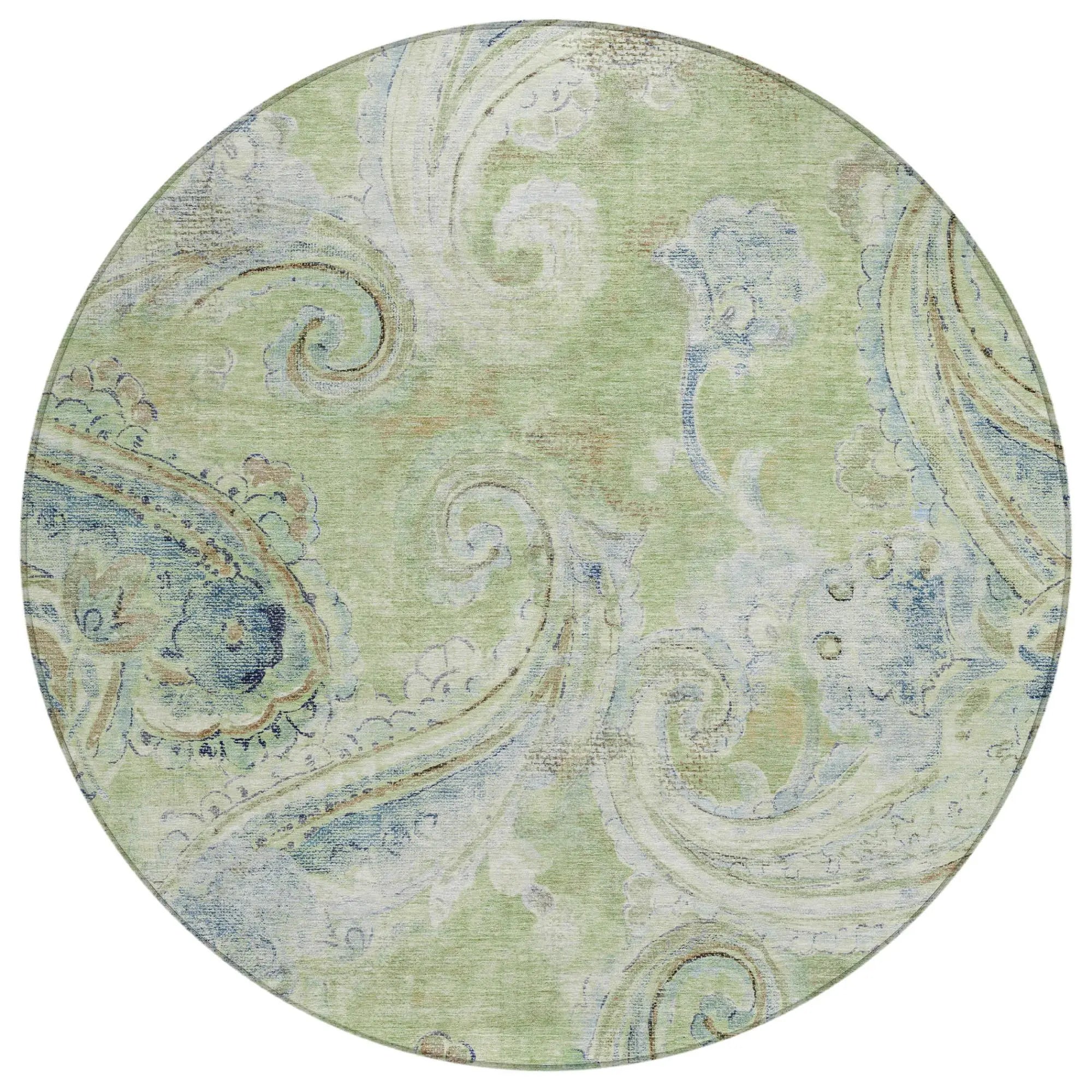 8' Green And Silver Round Paisley Washable Indoor Outdoor Area Rug Homeroots Outdoor