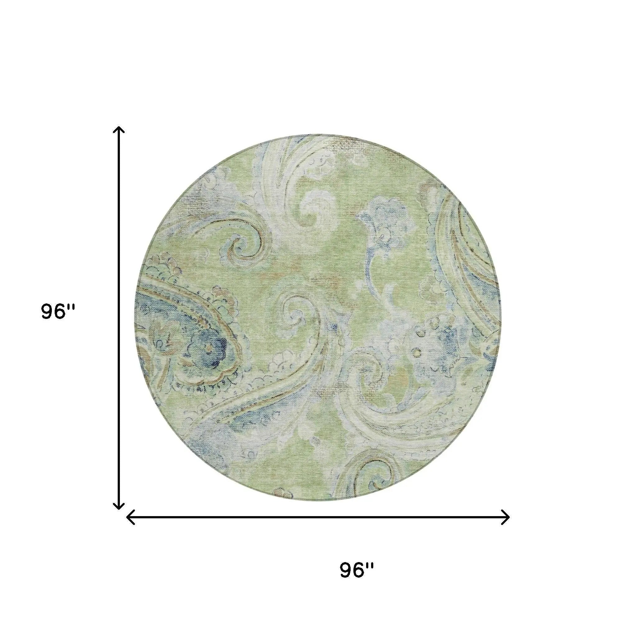 8' Green And Silver Round Paisley Washable Indoor Outdoor Area Rug Homeroots Outdoor
