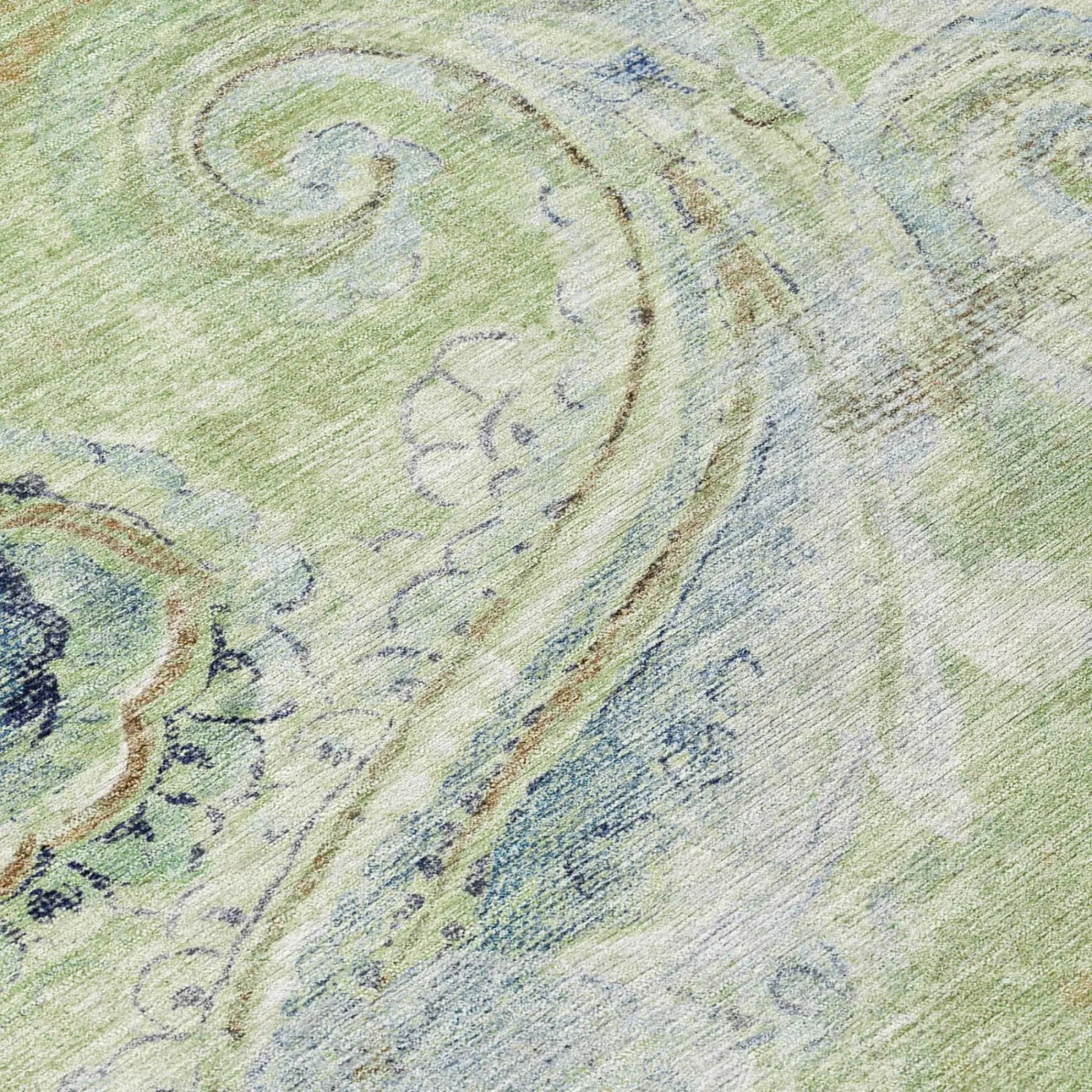 8' Green And Silver Round Paisley Washable Indoor Outdoor Area Rug Homeroots Outdoor