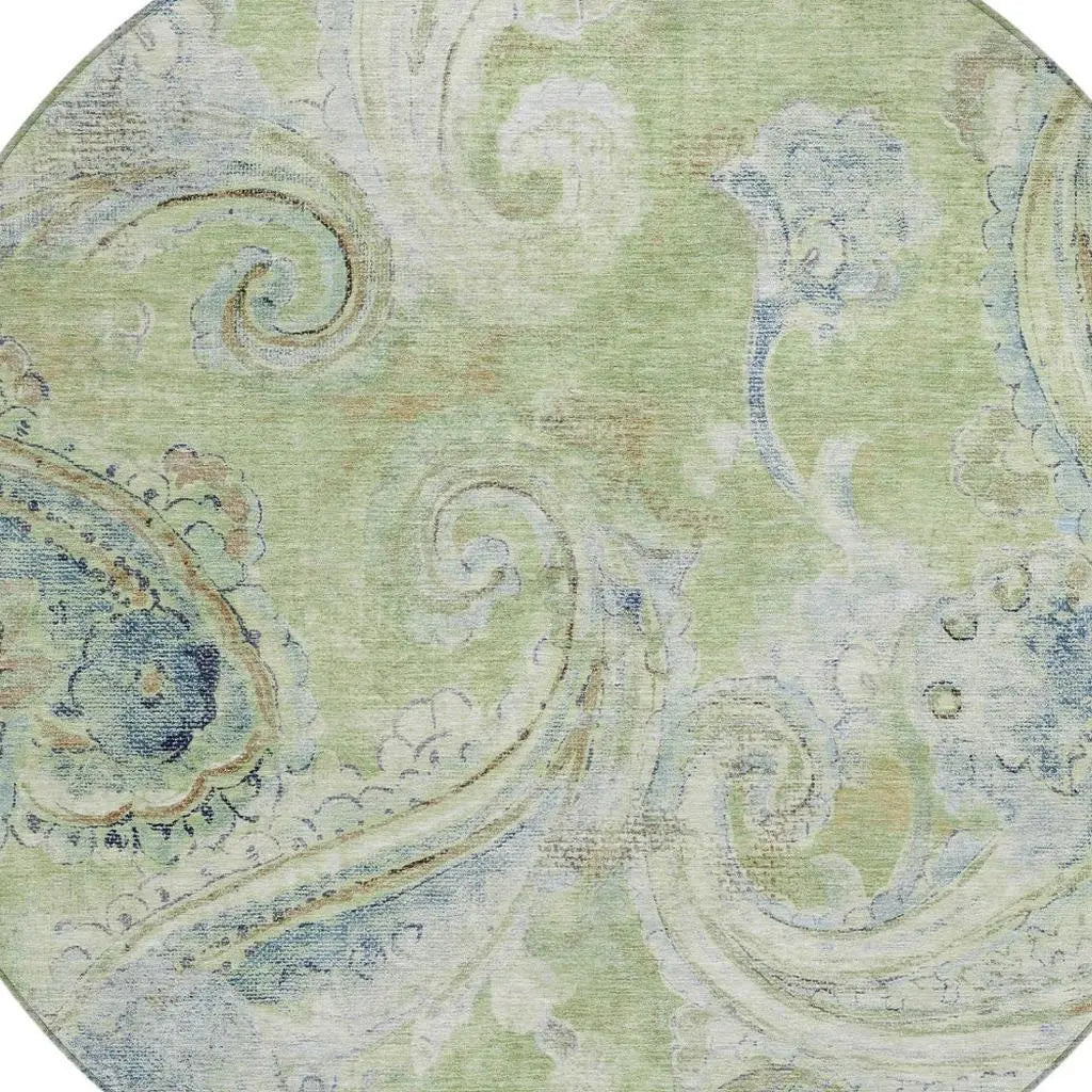 8' Green And Silver Round Paisley Washable Indoor Outdoor Area Rug Homeroots Outdoor