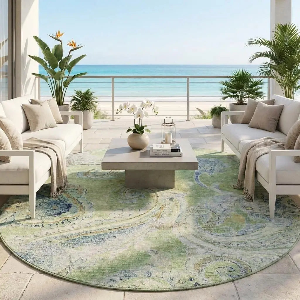 8' Green And Silver Round Paisley Washable Indoor Outdoor Area Rug Homeroots Outdoor