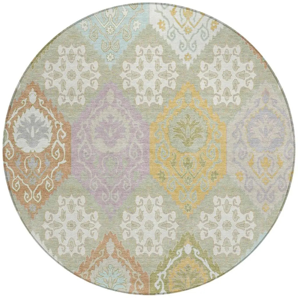 8' Green And Sky Blue Round Geometric Washable Indoor Outdoor Area Rug Homeroots Outdoor