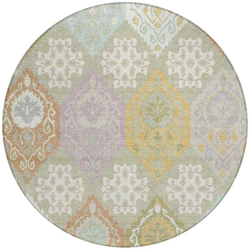 8' Green And Sky Blue Round Geometric Washable Indoor Outdoor Area Rug Homeroots Outdoor
