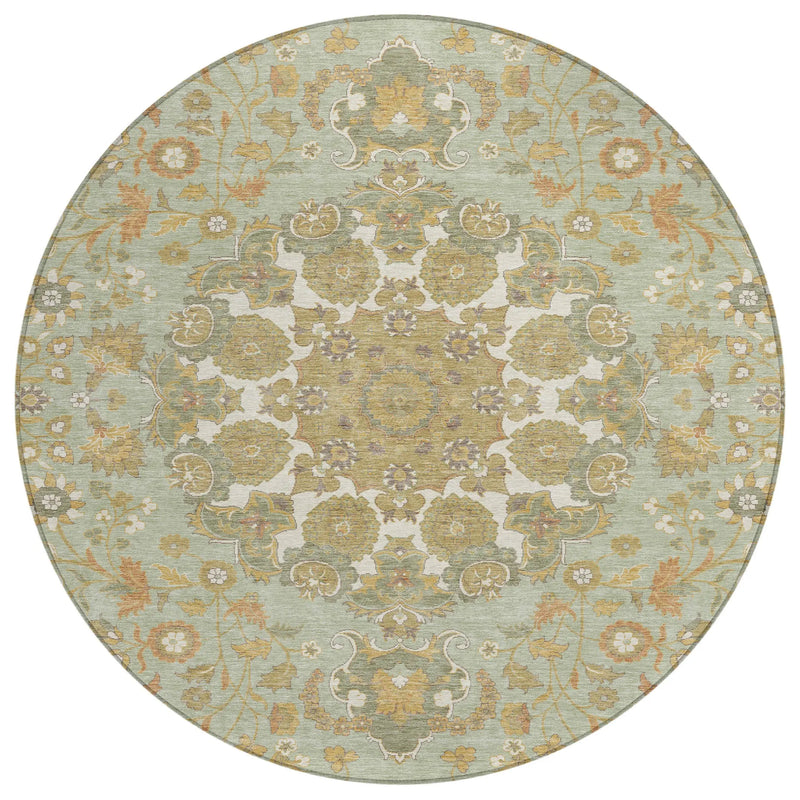 8' Green And Taupe Round Damask Washable Indoor Outdoor Area Rug Homeroots Outdoor