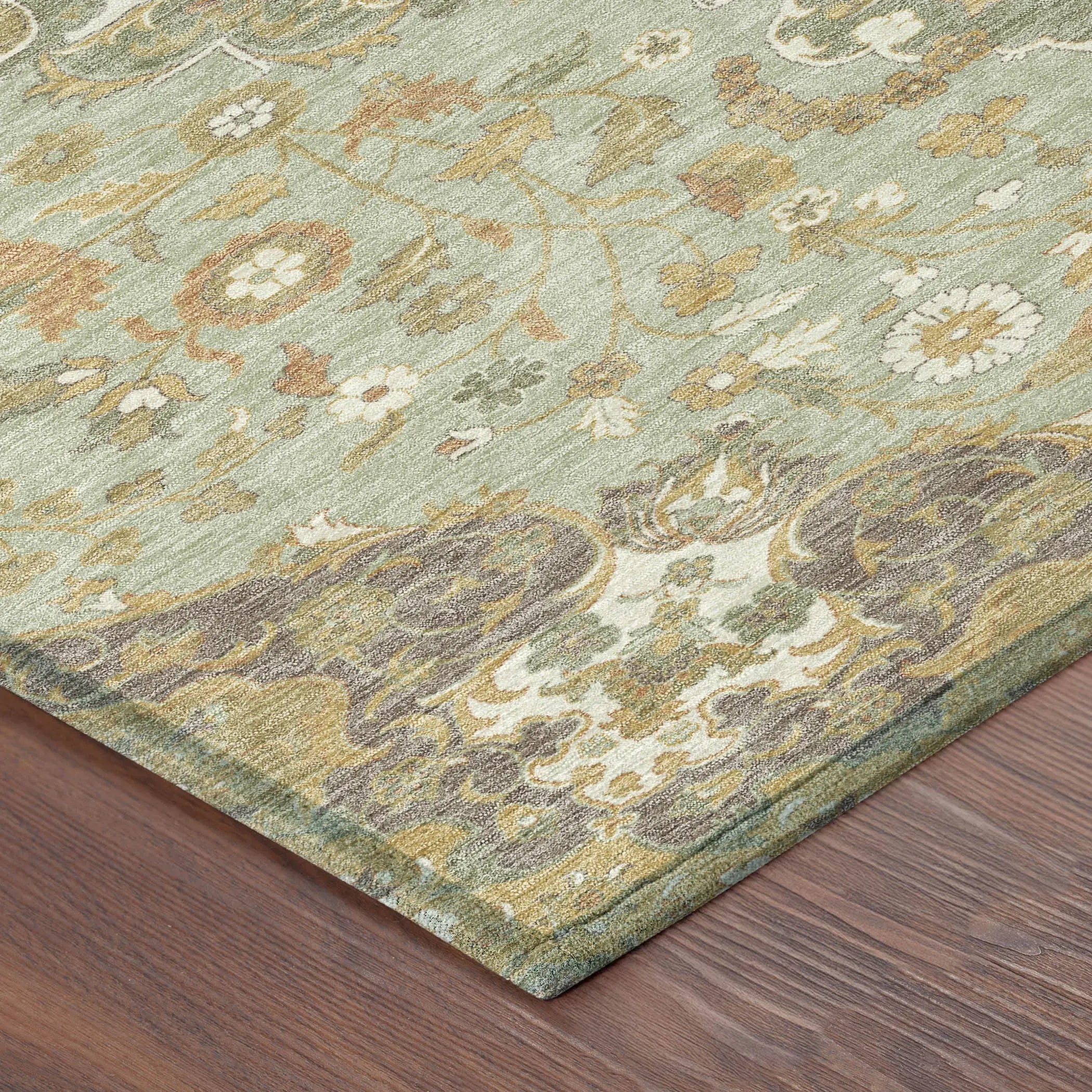 8' Green And Taupe Round Damask Washable Indoor Outdoor Area Rug Homeroots Outdoor