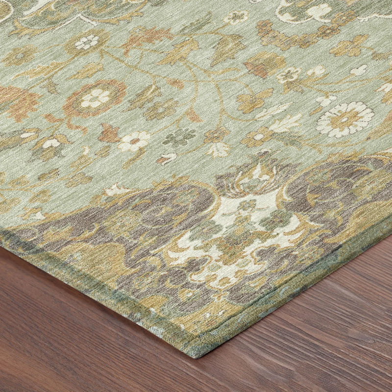8' Green And Taupe Round Damask Washable Indoor Outdoor Area Rug Homeroots Outdoor