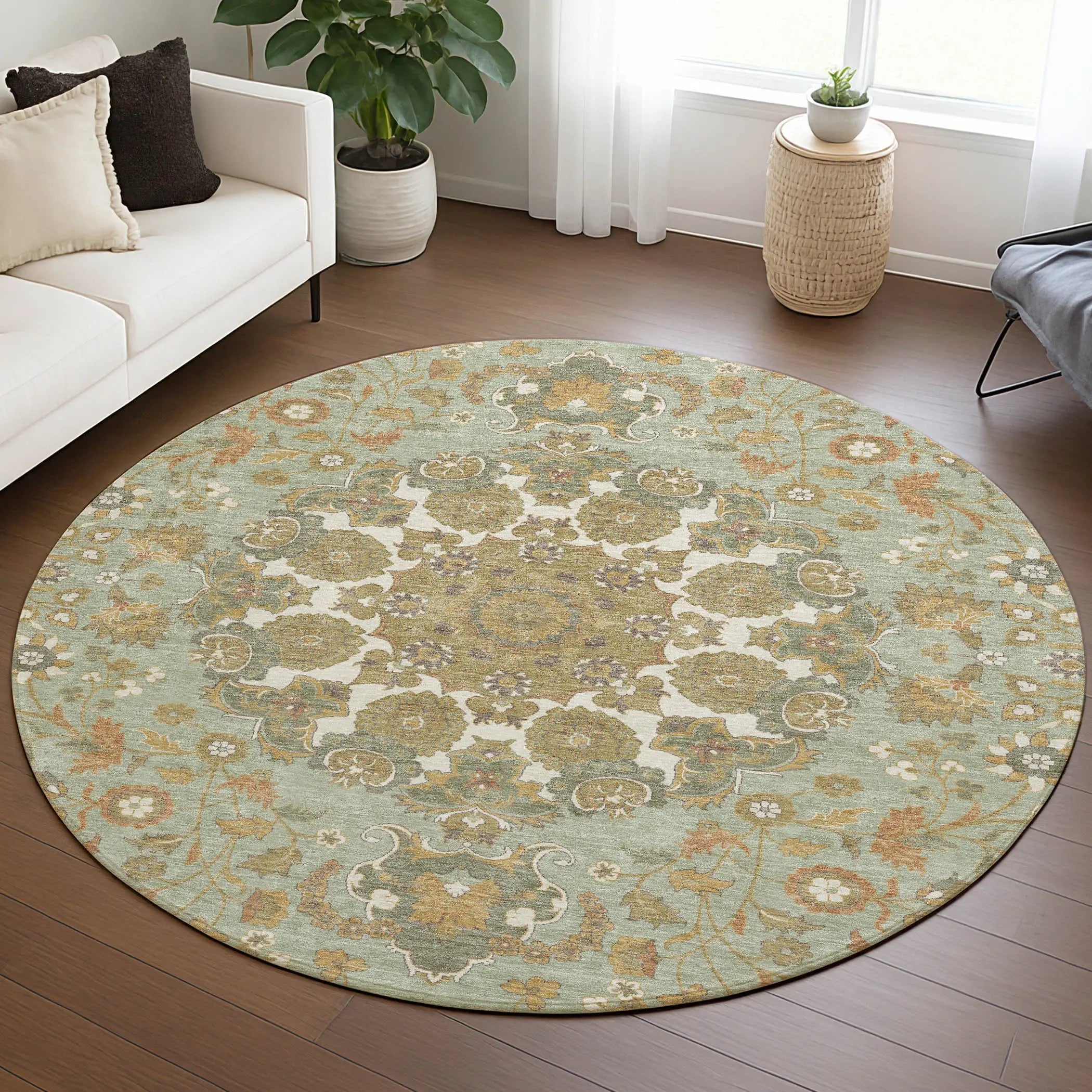 8' Green And Taupe Round Damask Washable Indoor Outdoor Area Rug Homeroots Outdoor