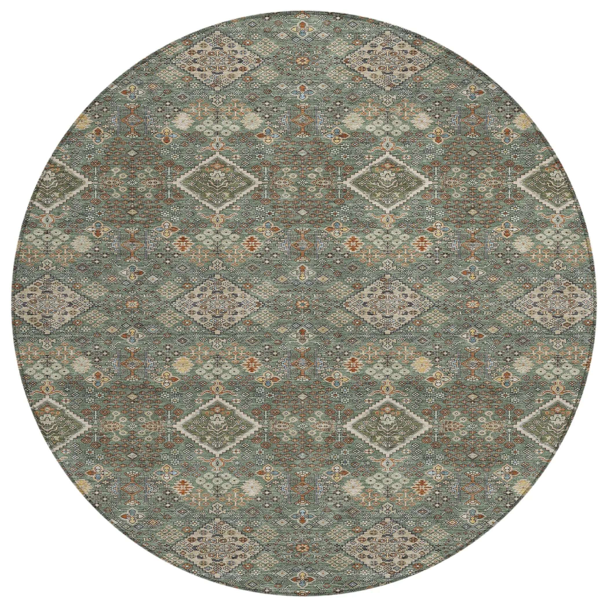 8' Green And Taupe Round Geometric Washable Indoor Outdoor Area Rug Homeroots Outdoor