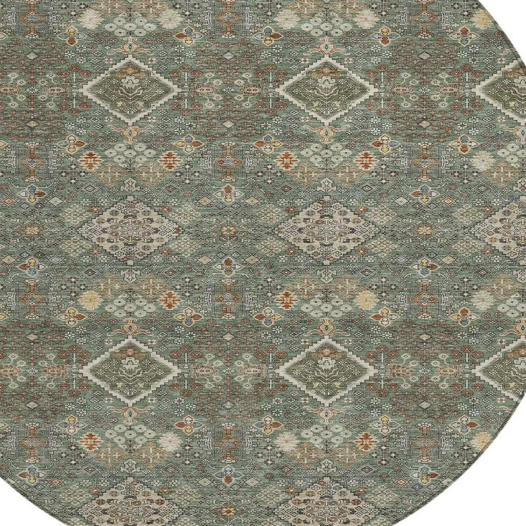 8' Green And Taupe Round Geometric Washable Indoor Outdoor Area Rug Homeroots Outdoor