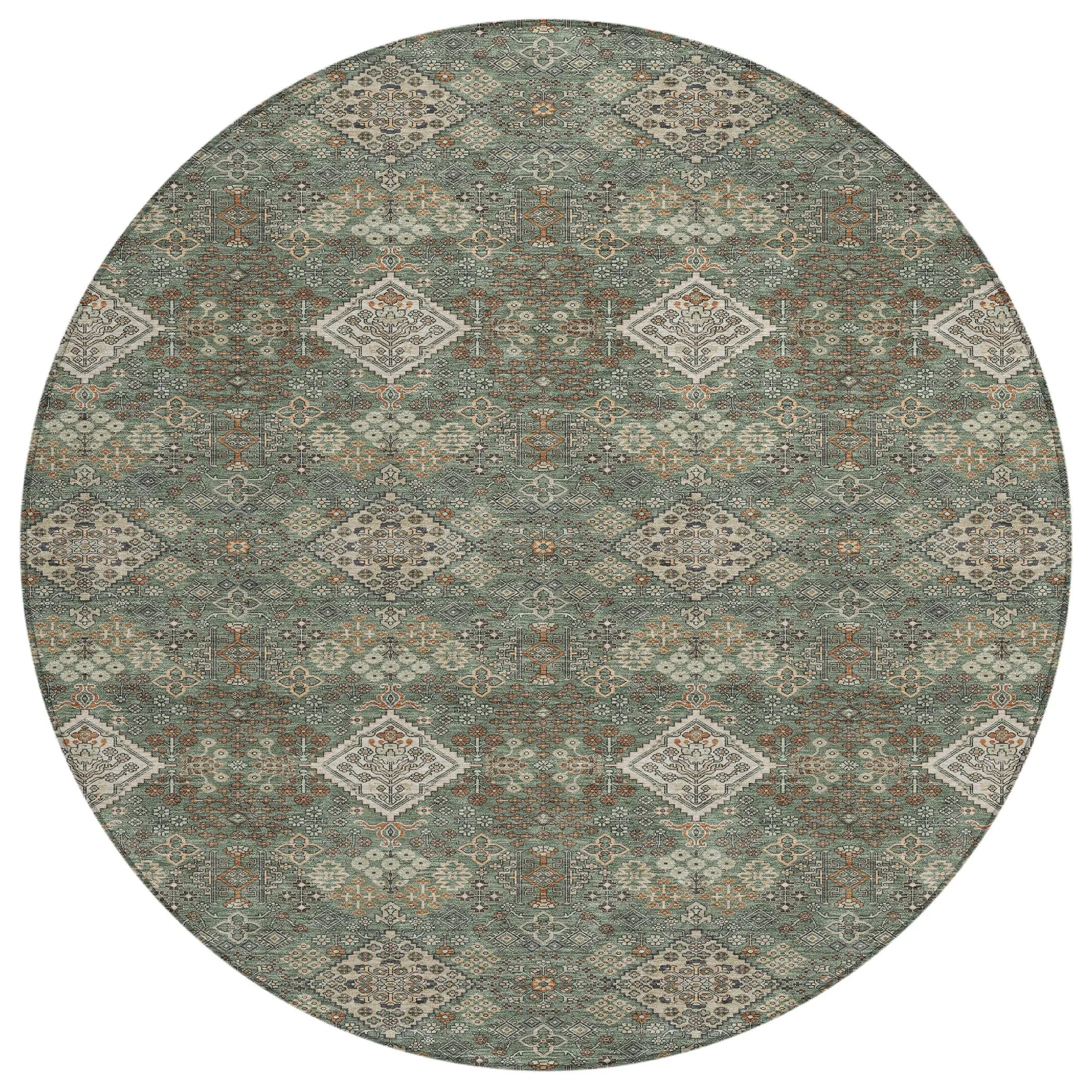 8' Green And Taupe Round Geometric Washable Indoor Outdoor Area Rug Homeroots Outdoor