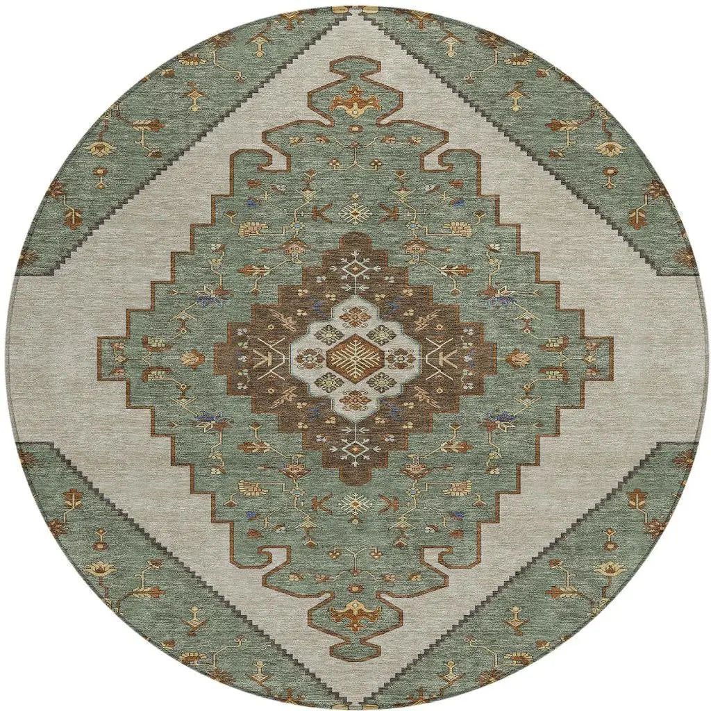 8' Green And Taupe Round Geometric Washable Indoor Outdoor Area Rug Homeroots Outdoor