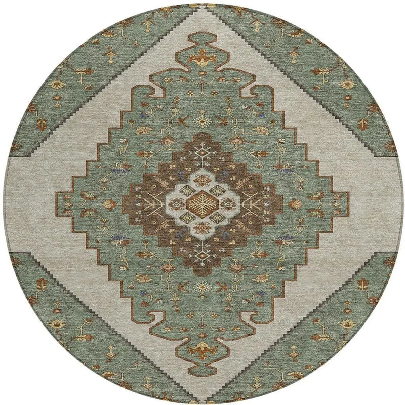 8' Green And Taupe Round Geometric Washable Indoor Outdoor Area Rug Homeroots Outdoor