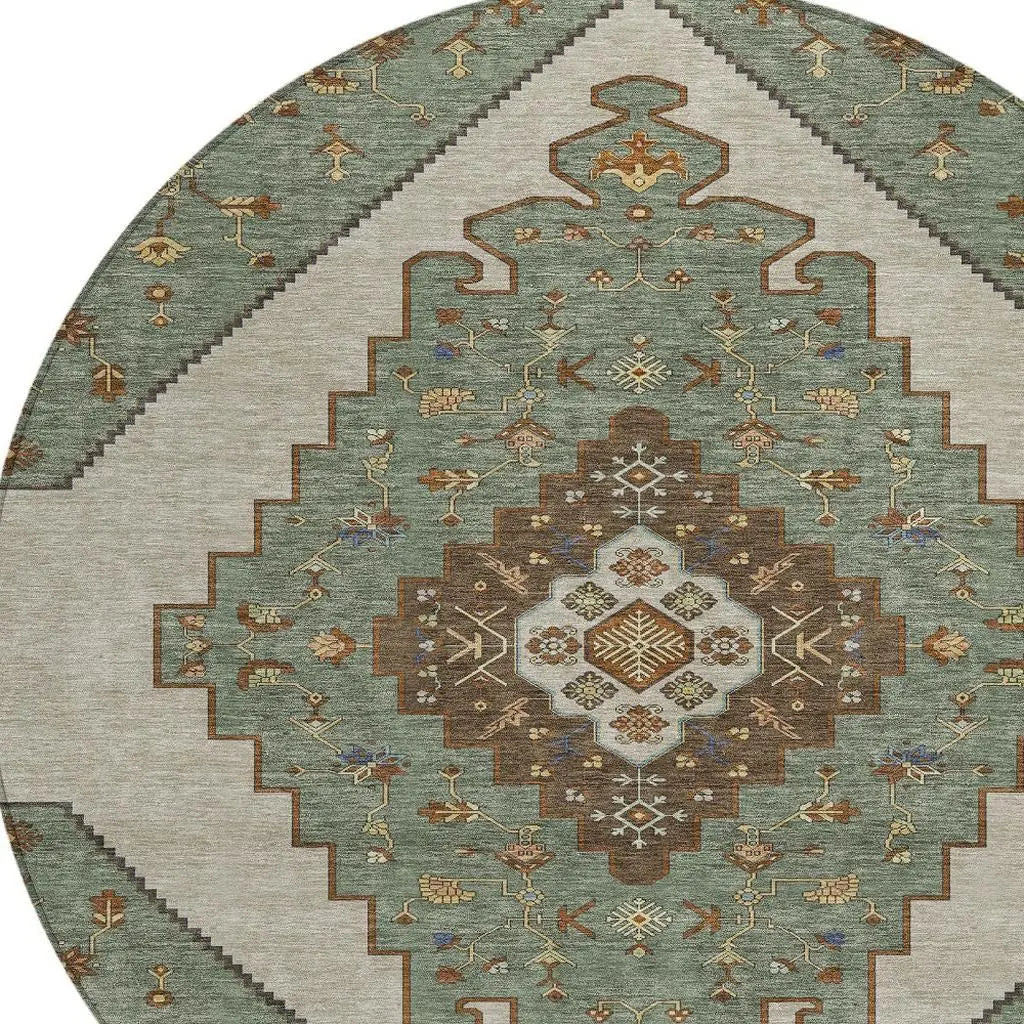 8' Green And Taupe Round Geometric Washable Indoor Outdoor Area Rug Homeroots Outdoor