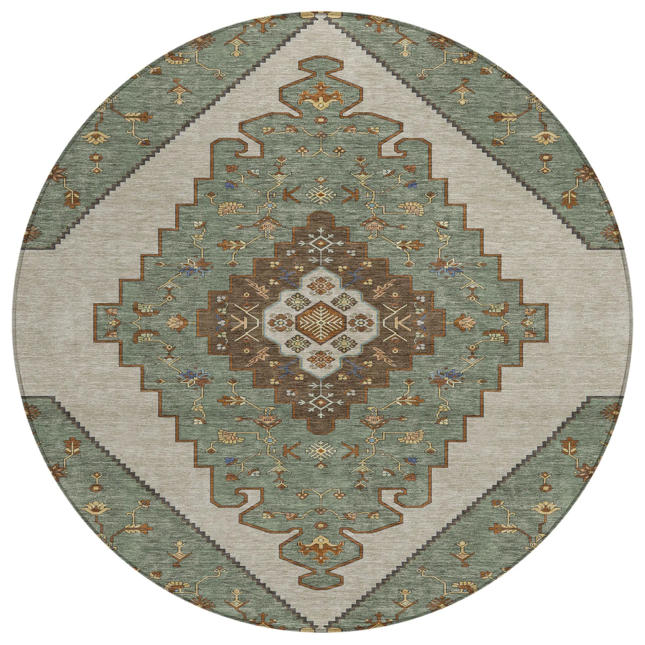 8' Green And Taupe Round Geometric Washable Indoor Outdoor Area Rug Homeroots Outdoor