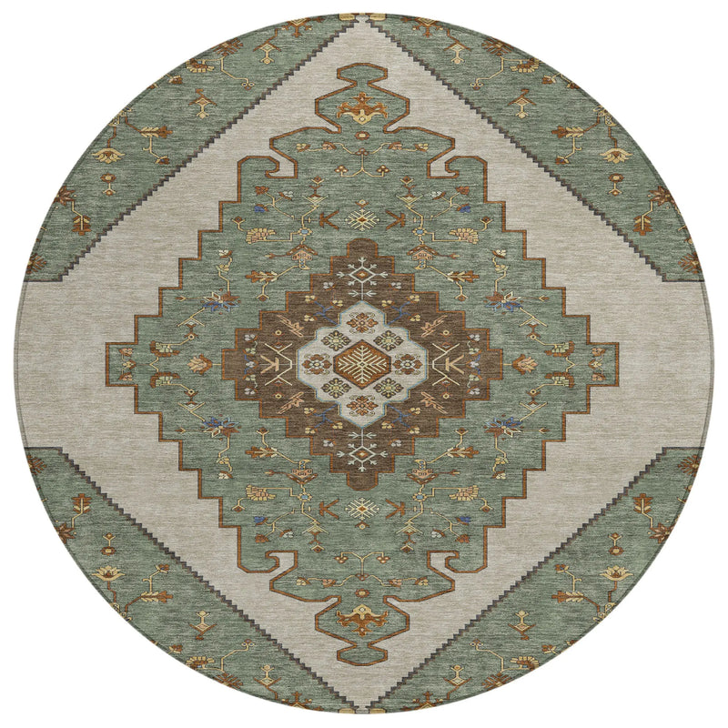 8' Green And Taupe Round Geometric Washable Indoor Outdoor Area Rug Homeroots Outdoor