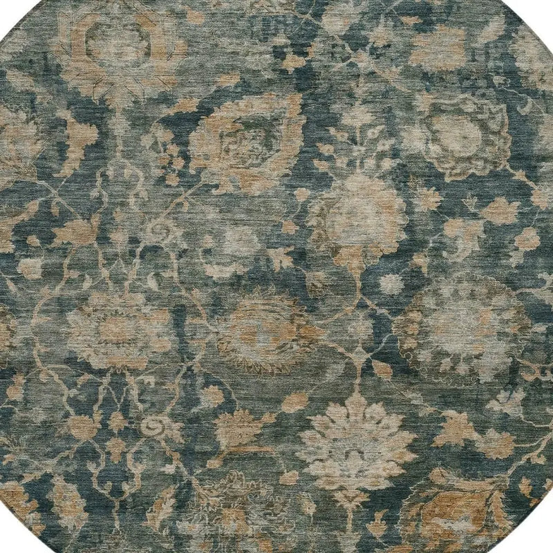 8' Green And Teal Blue Round Botanical Leaves Washable Indoor Outdoor Area Rug Homeroots Outdoor