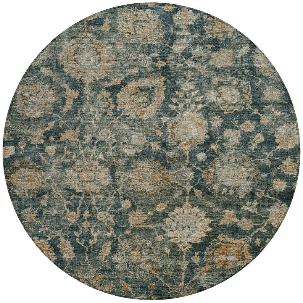 8' Green And Teal Blue Round Botanical Leaves Washable Indoor Outdoor Area Rug Homeroots Outdoor