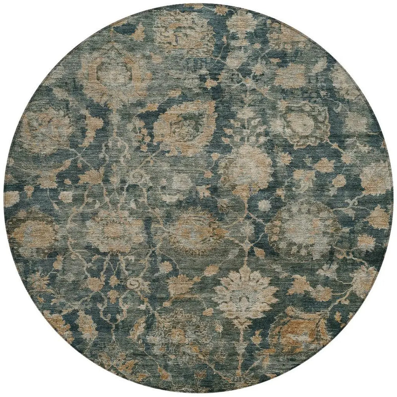 8' Green And Teal Blue Round Botanical Leaves Washable Indoor Outdoor Area Rug Homeroots Outdoor