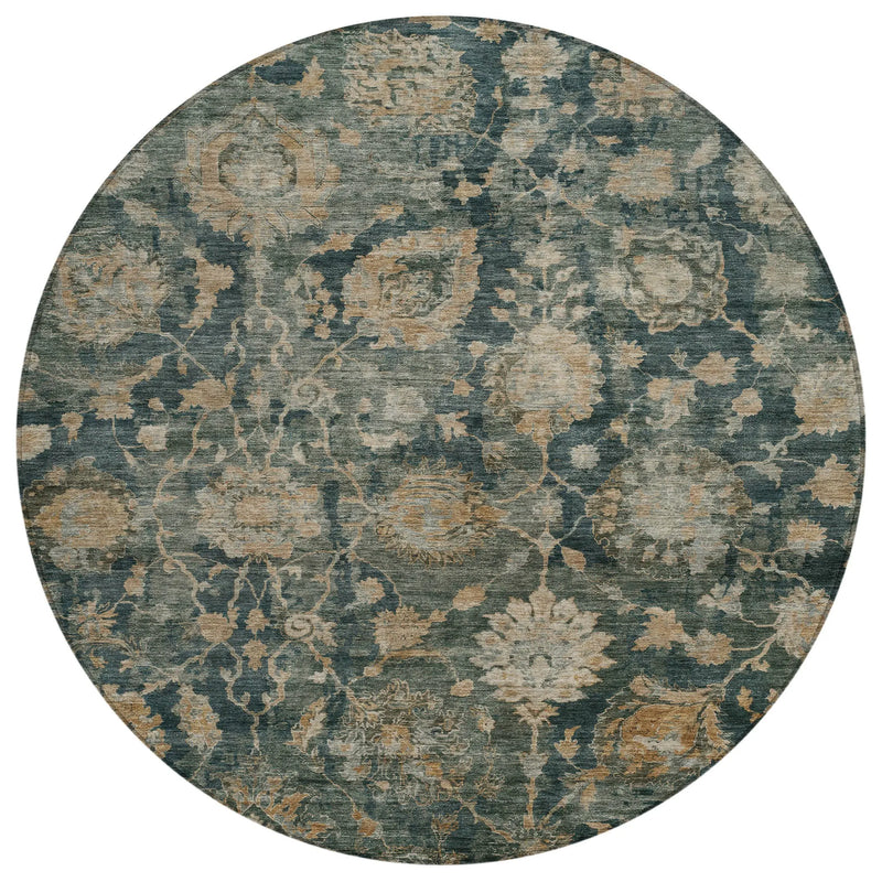8' Green And Teal Blue Round Botanical Leaves Washable Indoor Outdoor Area Rug Homeroots Outdoor