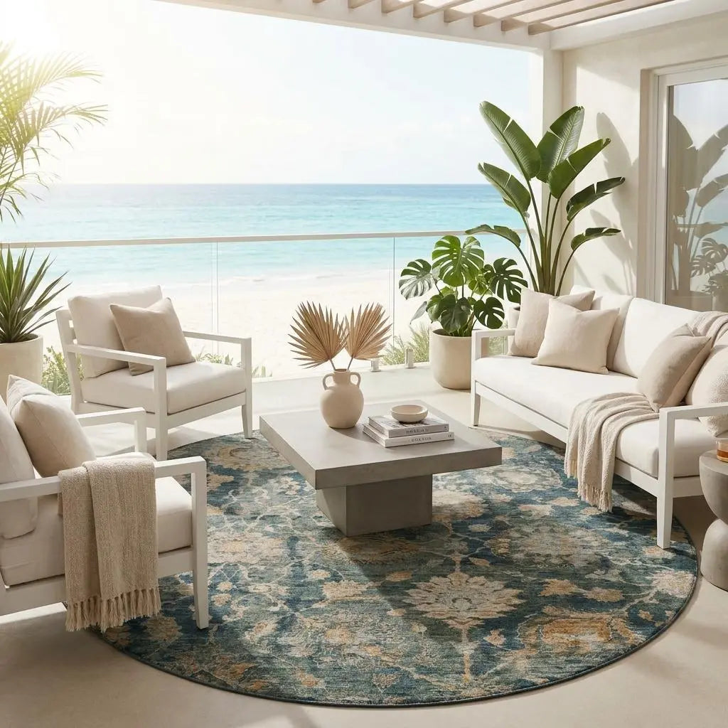 8' Green And Teal Blue Round Botanical Leaves Washable Indoor Outdoor Area Rug Homeroots Outdoor