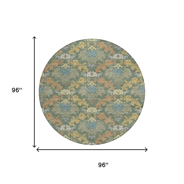 8' Green And Teal Blue Round Damask Washable Indoor Outdoor Area Rug Homeroots Outdoor