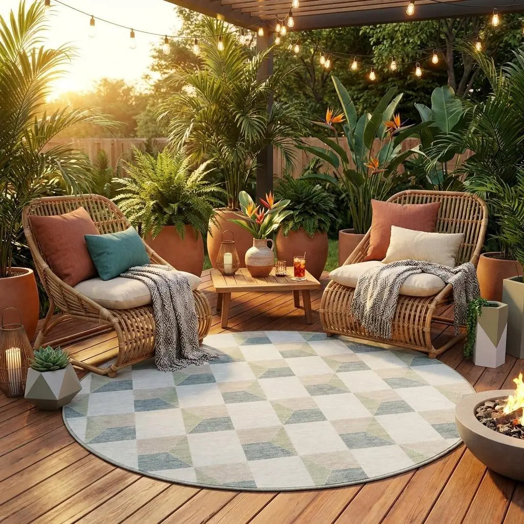 8' Green And Teal Blue Round Geometric Washable Indoor Outdoor Area Rug Homeroots Outdoor