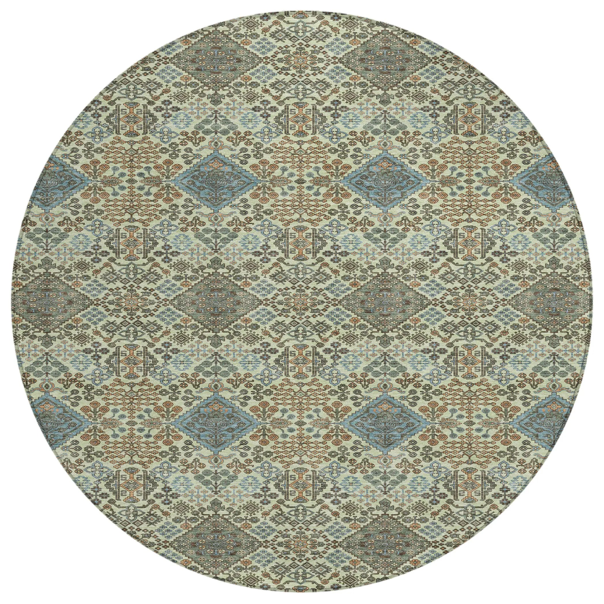 8' Green And Teal Blue Round Geometric Washable Indoor Outdoor Area Rug Homeroots Outdoor