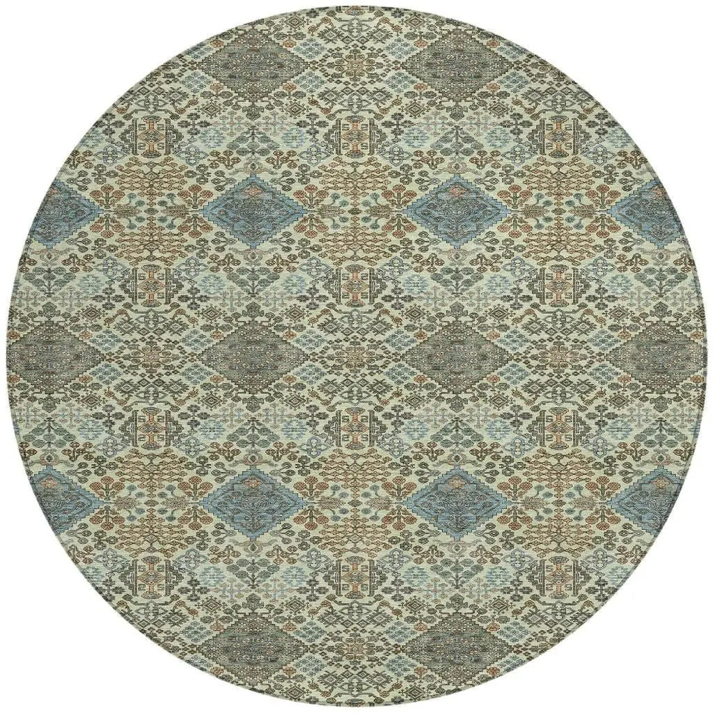 8' Green And Teal Blue Round Geometric Washable Indoor Outdoor Area Rug Homeroots Outdoor
