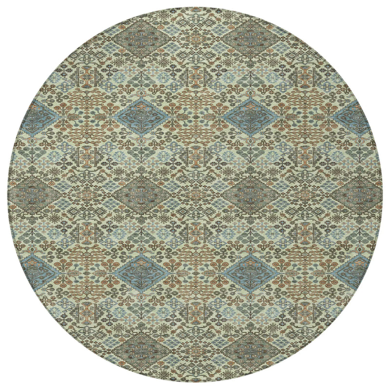 8' Green And Teal Blue Round Geometric Washable Indoor Outdoor Area Rug Homeroots Outdoor