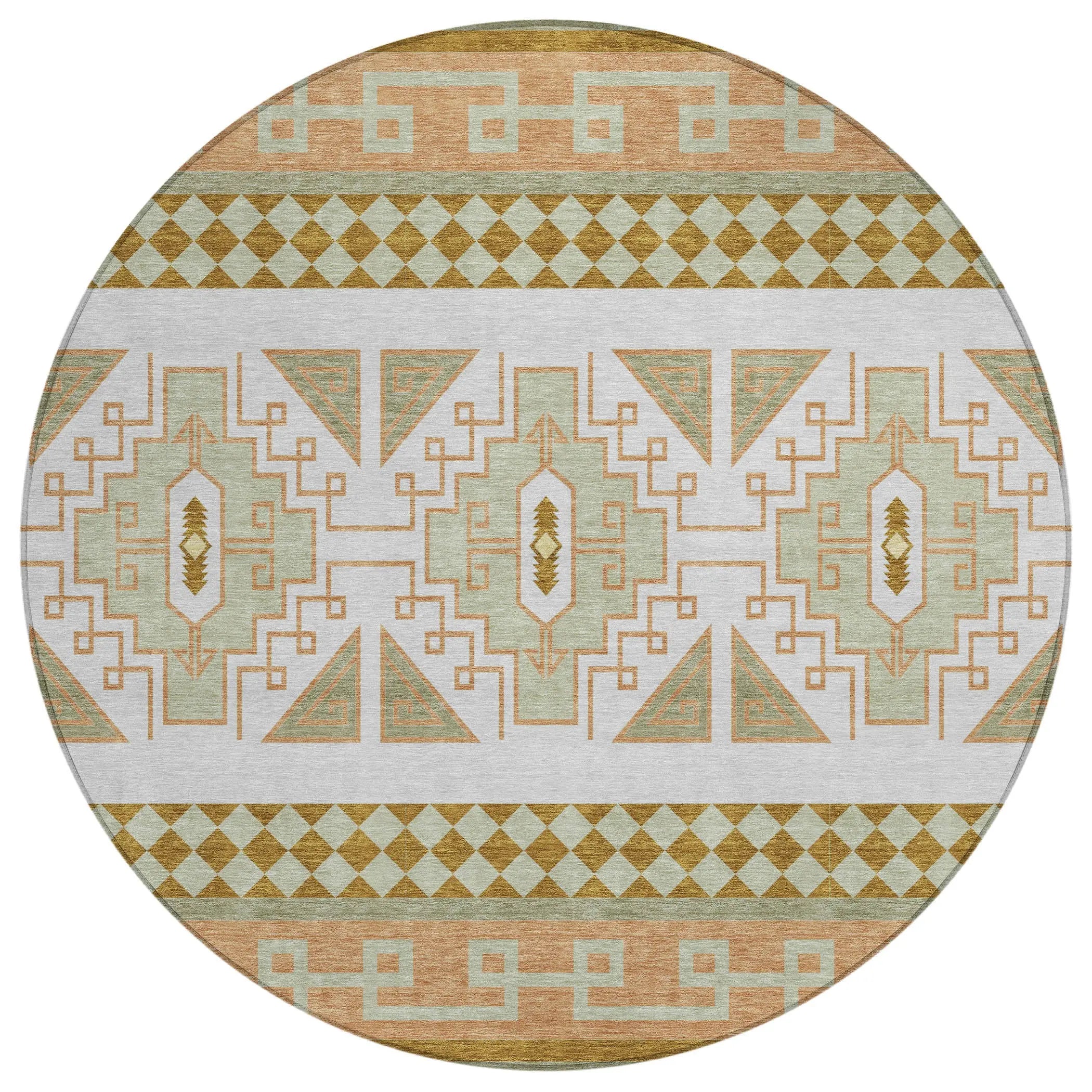 8' Green And Teal Blue Round Tribal Washable Indoor Outdoor Area Rug Homeroots Outdoor